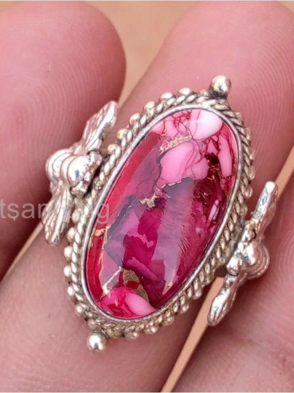 Handcrafted Pink Rose Dahlia Turquoise Bee Ring - Women Jewelry